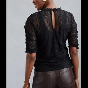 NWT Anthropologie Black V-Neck Lace Blouse 3/4 Sleeve - Size XS